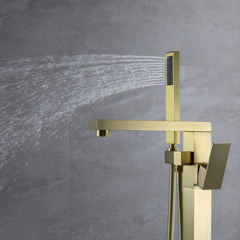 Freestanding Bathtub Faucet, Floor Mounted Tub Faucets With Hand Shower, Brushed Gold
