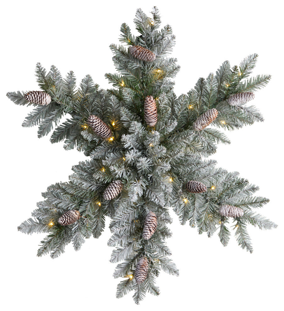 30" Pre-Lit Flocked Snowflake Dunhill Fir Wreath With Pinecones & 40 LED Lights
