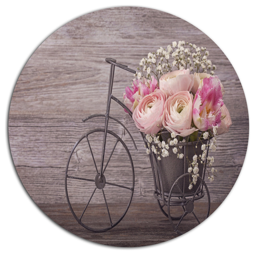 Ranunculus Flowers On Bicycle, Floral Round Metal Wall Art, 11"