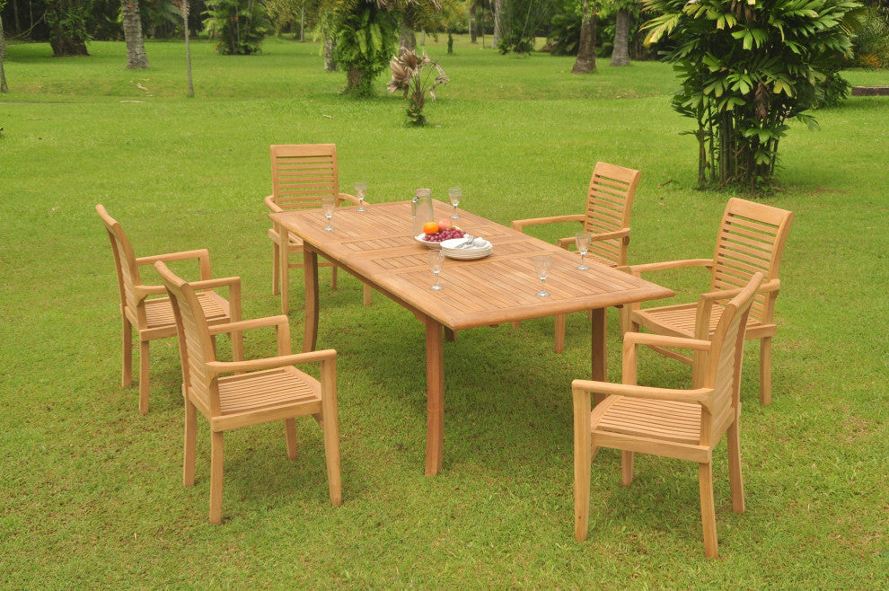 7-Piece Outdoor Teak Dining Set: 94" Rectangle Table, 6 Mas Stacking Arm Chairs