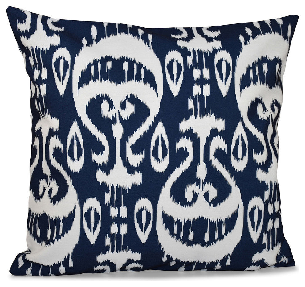 Ikat , Geometric Outdoor Pillow, Navy Blue, 18"x18"