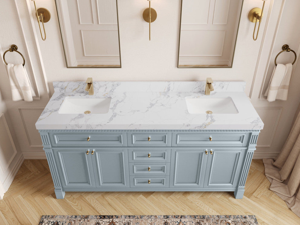 Paris 72" Double Sink Bathroom Vanity, Blue Heather 2" Calacatta Poannazo