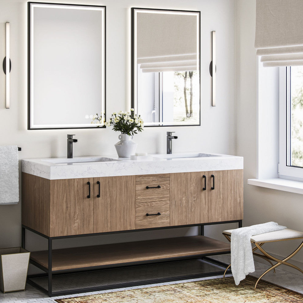 Bahia Bath Vanity, Oak, 60", Matte Black Hardware, Double, Freestanding