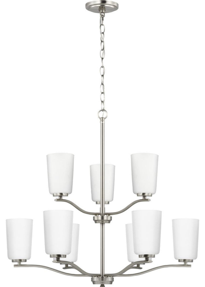 Adley Collection Nine-Light Brushed Nickel Etched White Opal Glass Chandelier