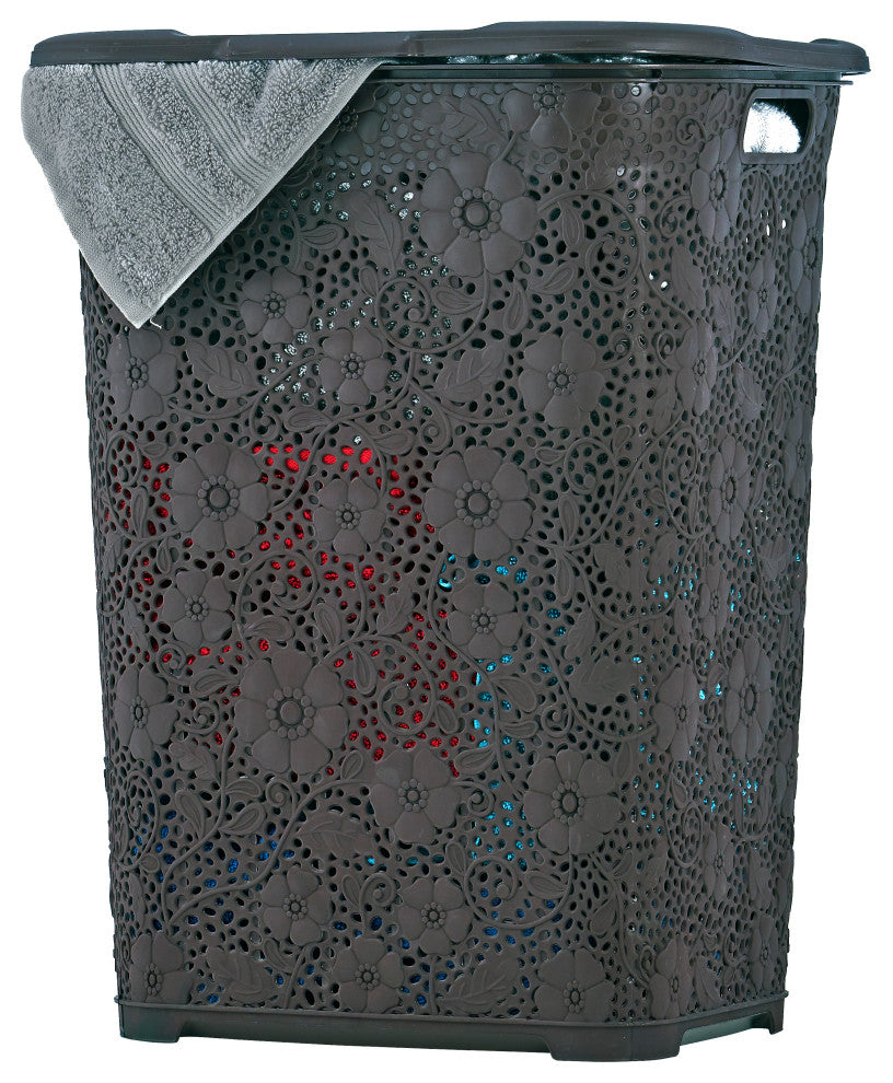 Superio Plastic Lace Laundry Hamper with Lid and Handles, 50-liter, brown.