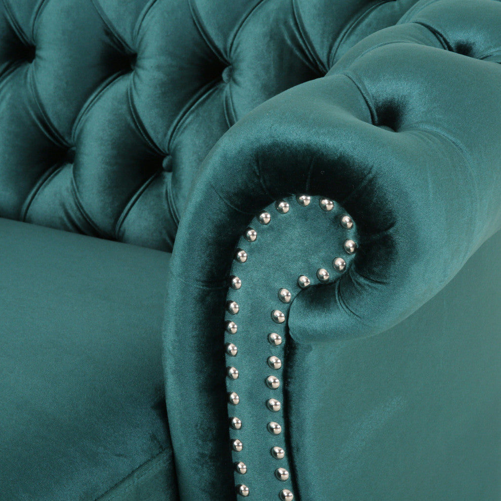 Phyllis Modern Glam Chesterfield Chaise Lounge, Teal, Dark Brown