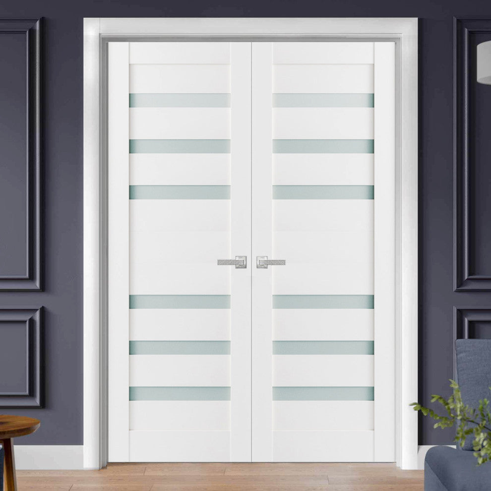Interior French Double Doors Frosted Glass|Quadro 4266 White Silk -56x80