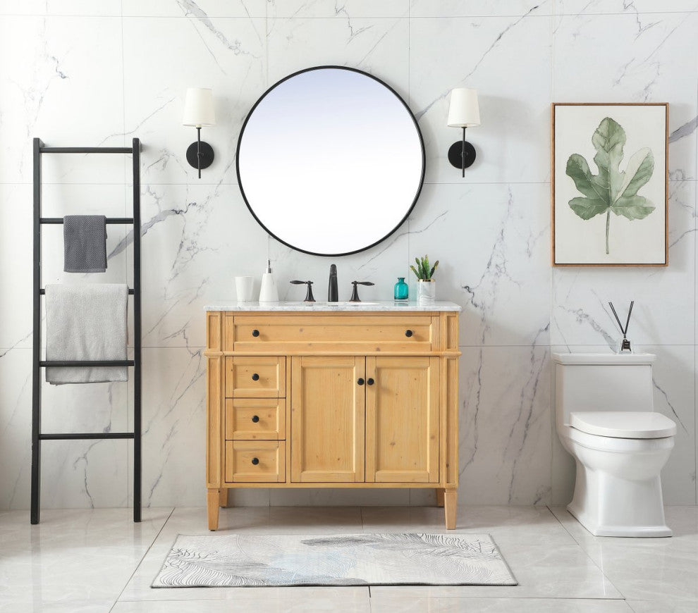 Home Living Vanity with Carrara White Marble Countertop, Natural Wood, 40", Single Sink