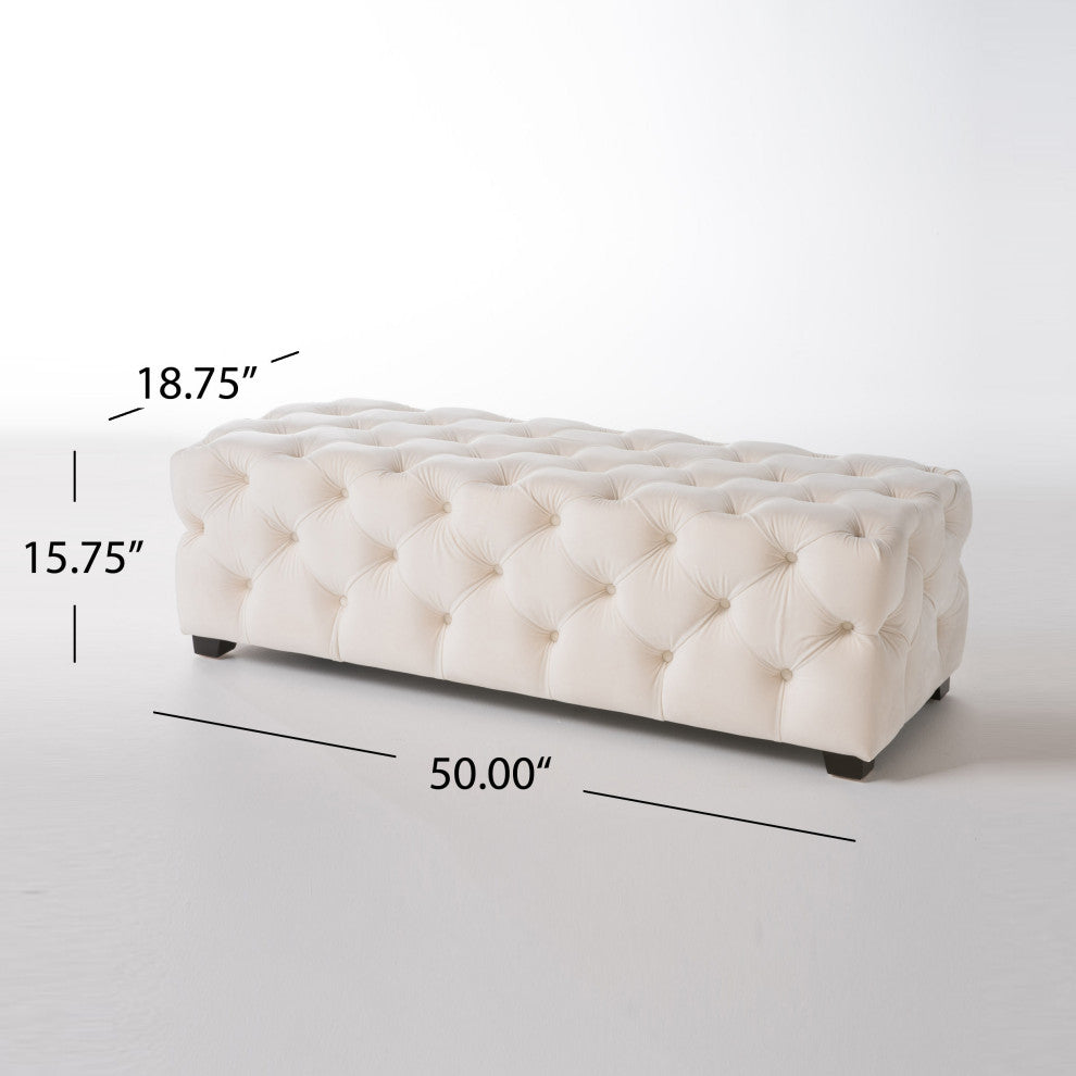 GDF Studio Provence TModern Glam Tufted Velvet Ottoman Bench, Cream