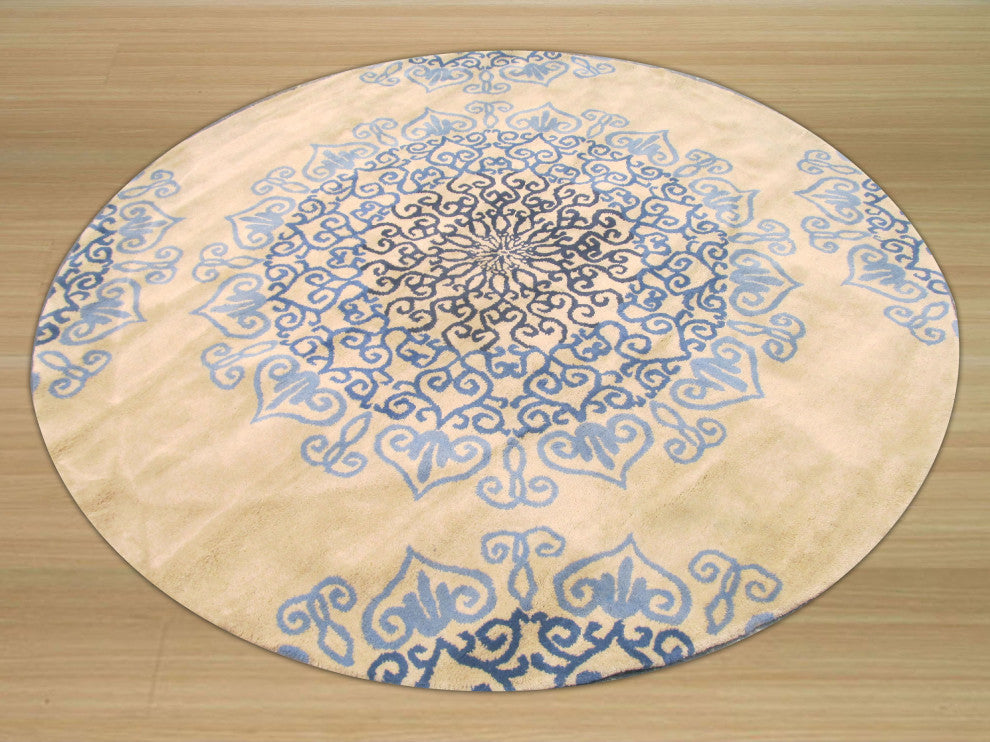 Hand-tufted Wool Ivory Transitional Oriental Modern Naiin Rug, 7'9 Round