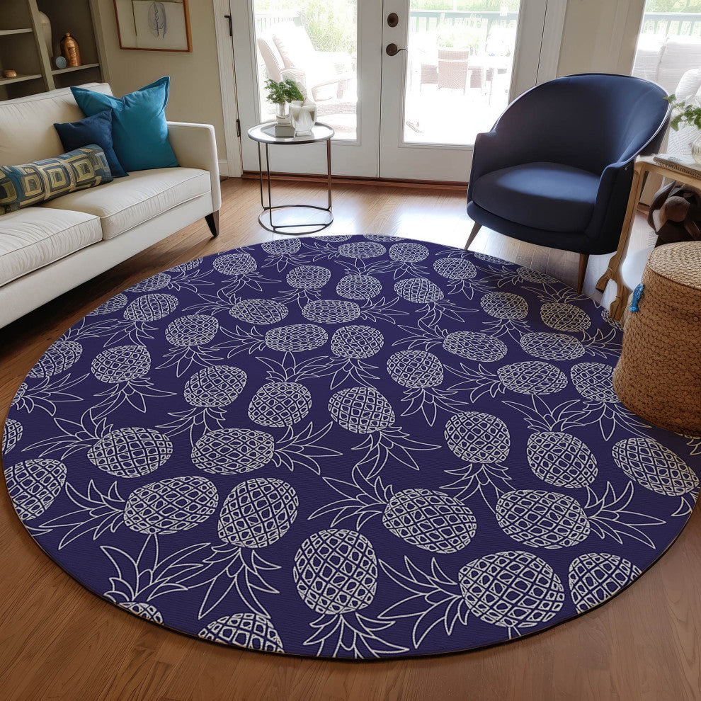 Indoor/Outdoor Kendall KE6 Navy Machine Washable 8' x 8' Round Rug