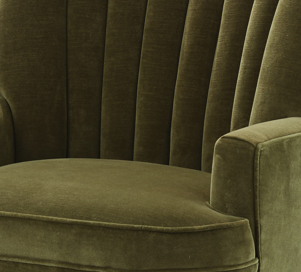 Luxe Moss Green Velvet Arm Chair Channel Back Tufted Mid Century Wood Brass