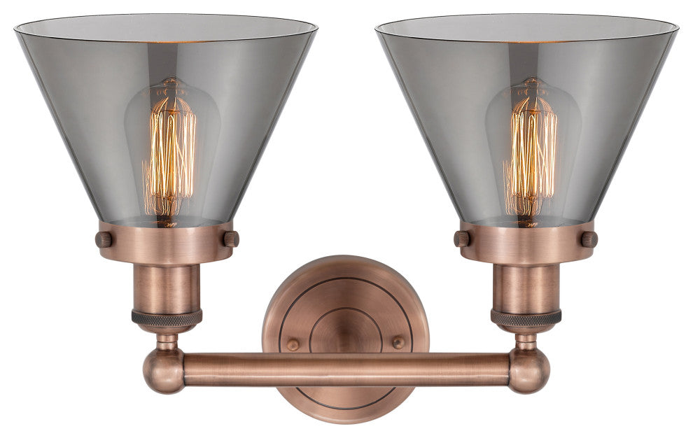 Edison Large Cone 2-Light 16" Vanity Light, Antique Copper -Plated Smoke Shade
