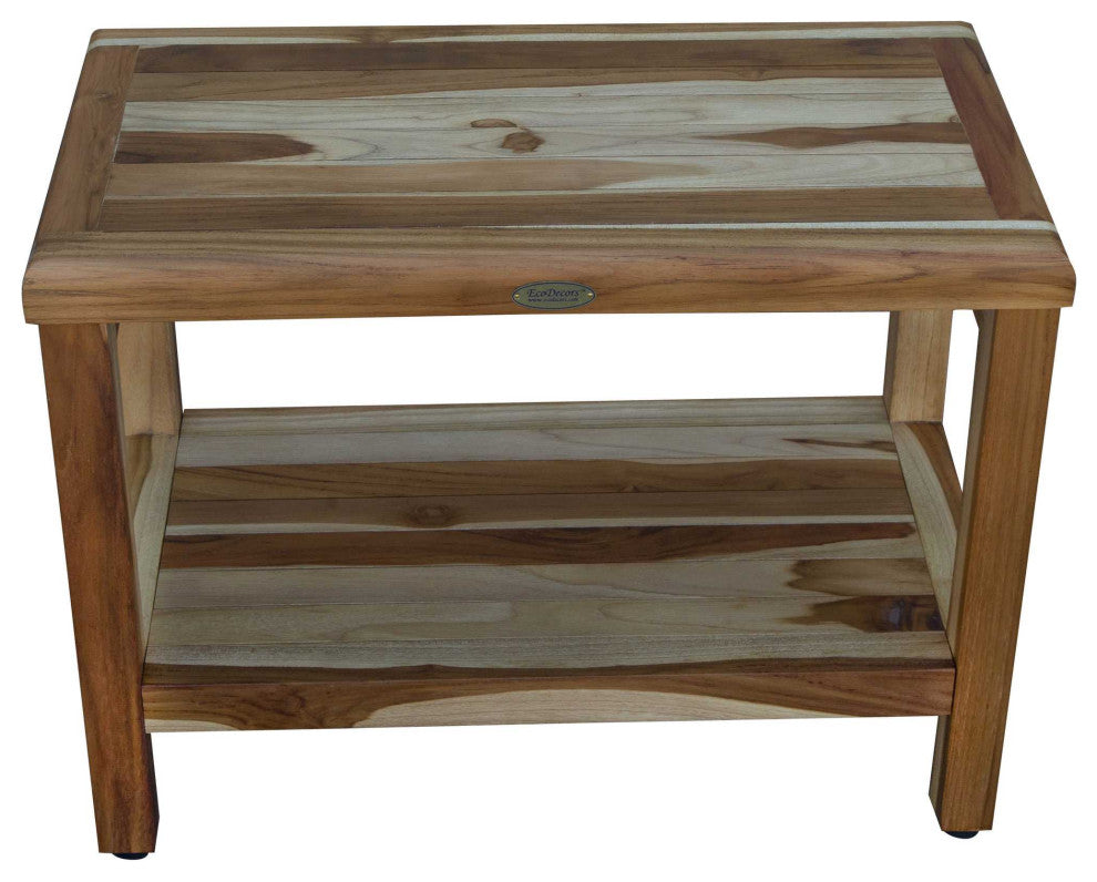 HomeRoots Rectangular Teak Shower Bench With Shelf, Natural Finish