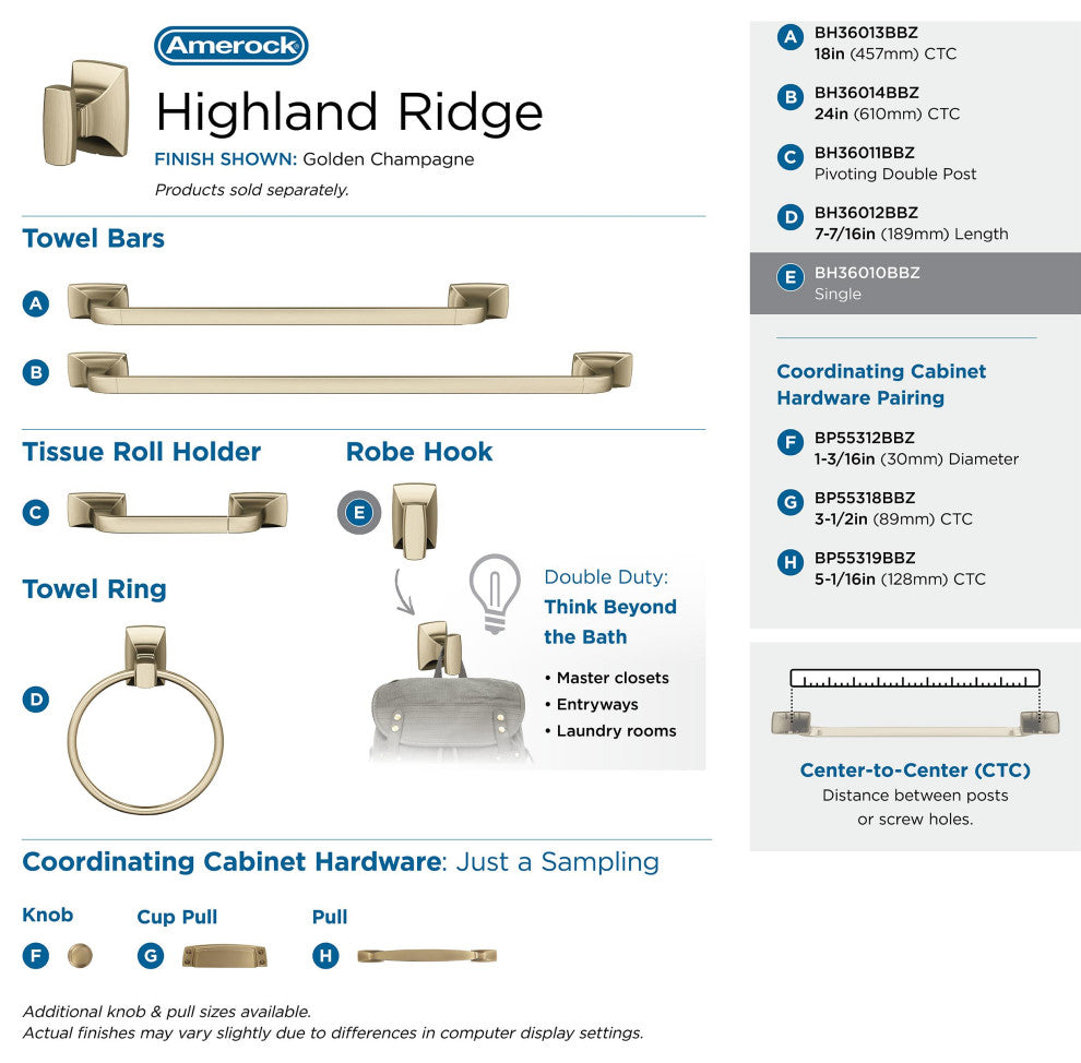 Highland Ridge Transitional Single Robe Hook, Golden Champagne