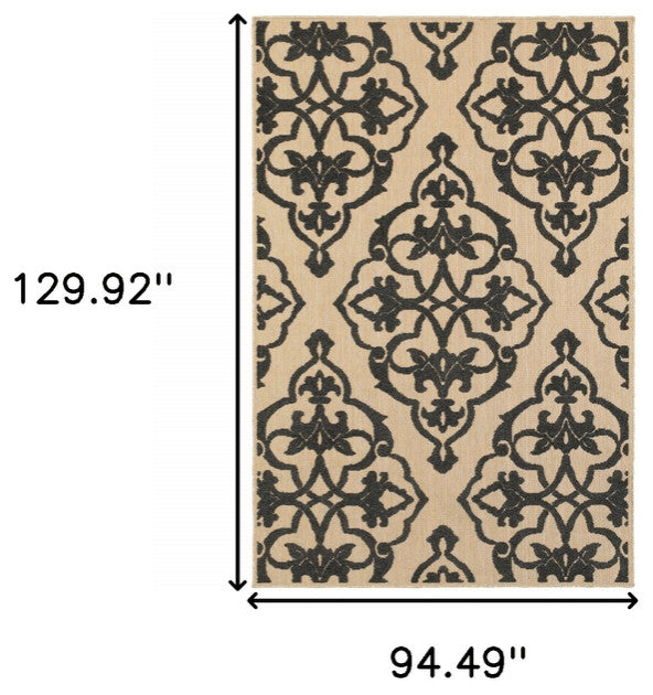 8' x 11' Beige and Black Oriental Stain Resistant Indoor Outdoor Area Rug