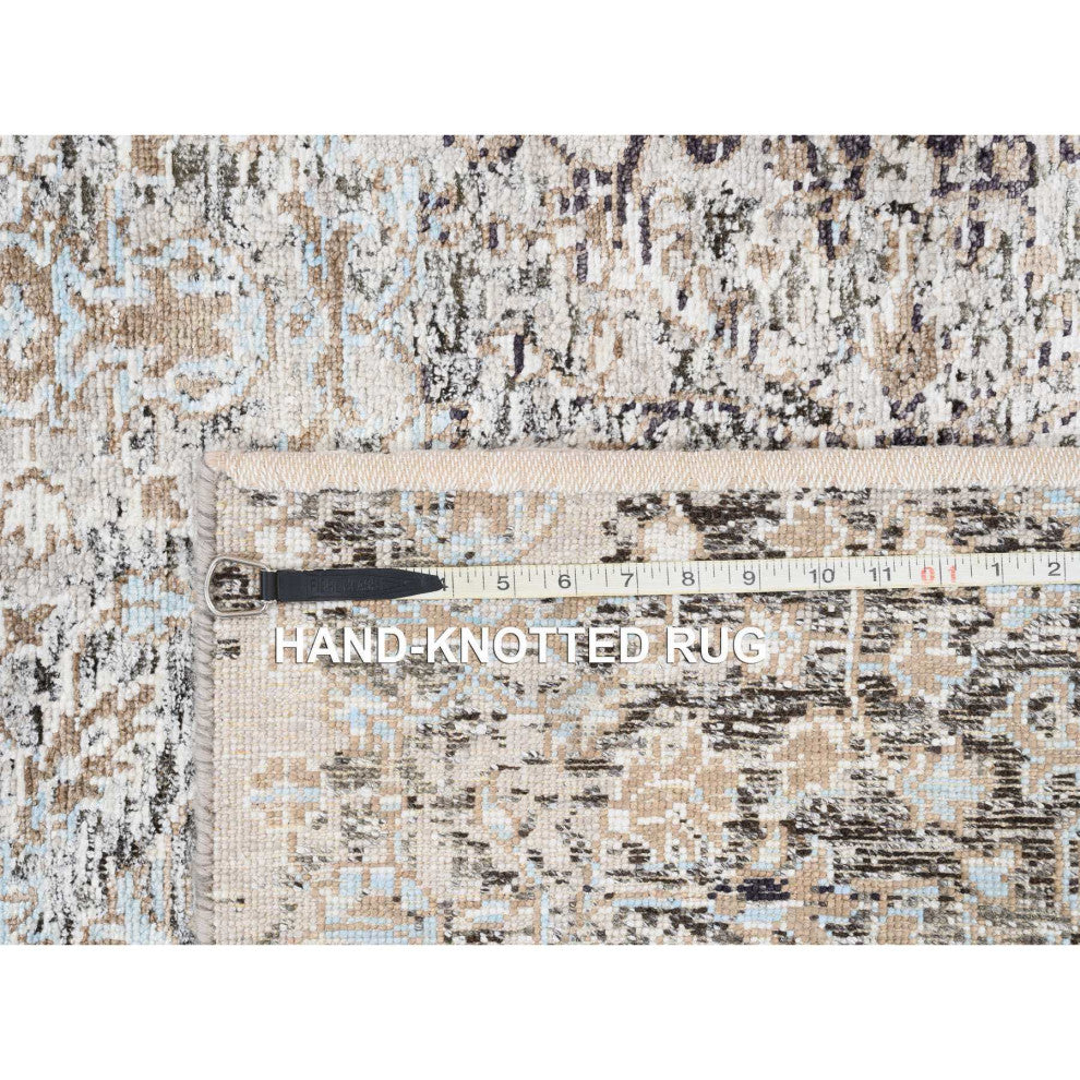 Gray, Hand Knotted, Modern, Silk with Textured Wool, Runner, Rug, 2'6" x 10'0"