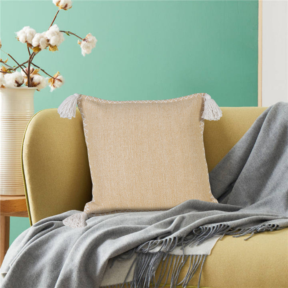 Ox Bay Handwoven Tan/White Solid Organic Cotton Pillow Cover, 20"x20"