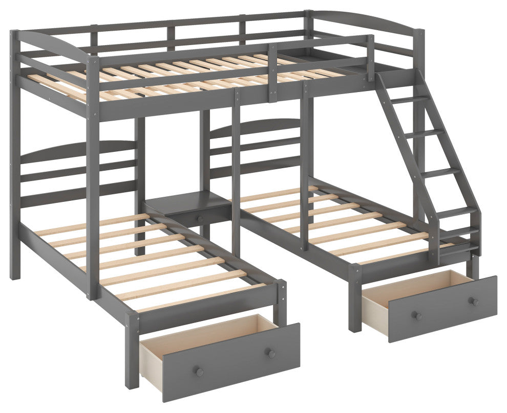 Gewnee Wood Full Over Twin & Twin Triple Bunk Bed with Drawers in Gray