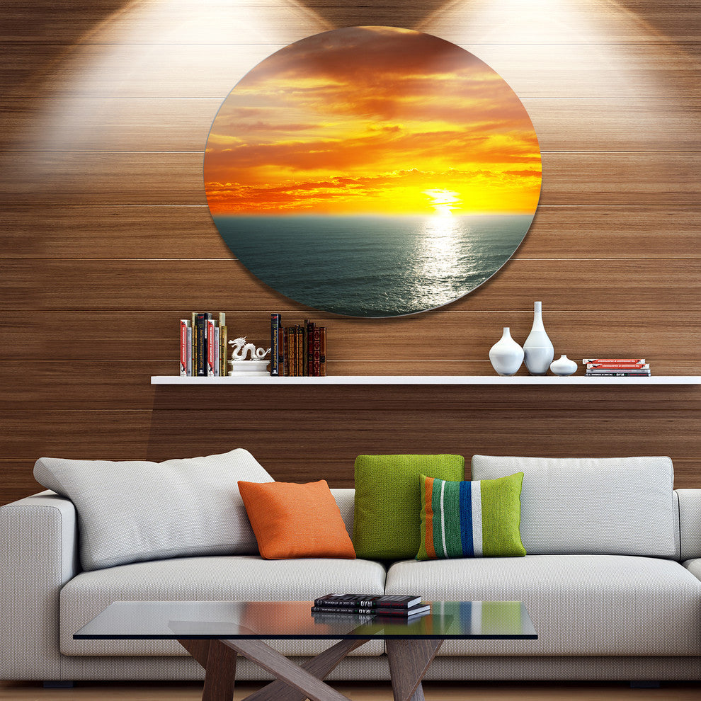 Fantastic Sunset Over Sea Waters, Seashore Disc Metal Artwork, 11"
