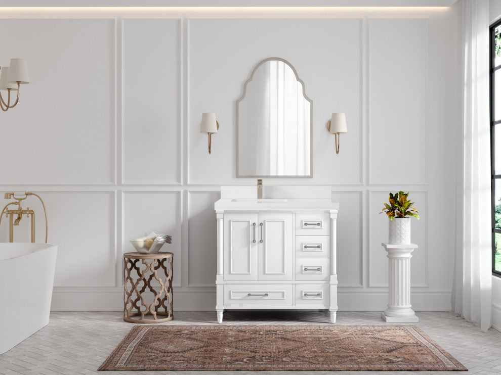 Aberdeen 36 Left Offset Bath Vanity in White 2" White Quartz