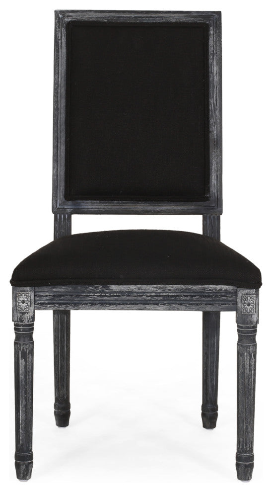 Marten Farmhouse Fabric Upholstered Wood and Cane 7 Piece Dining Set, Black + Grey + Rustic Metal + Natural Stained