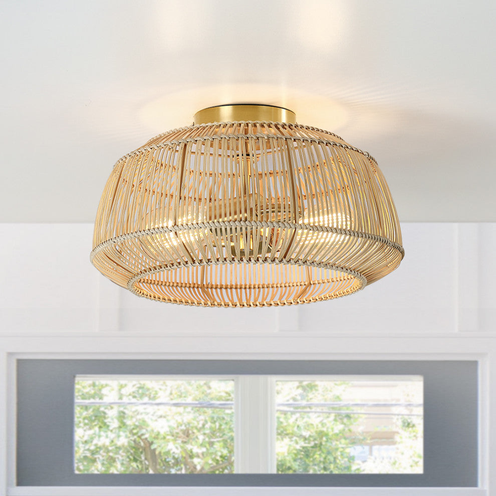 Bohemian Rattan Semi-Flush Mount Ceiling Light, 14'' W-2 Lights