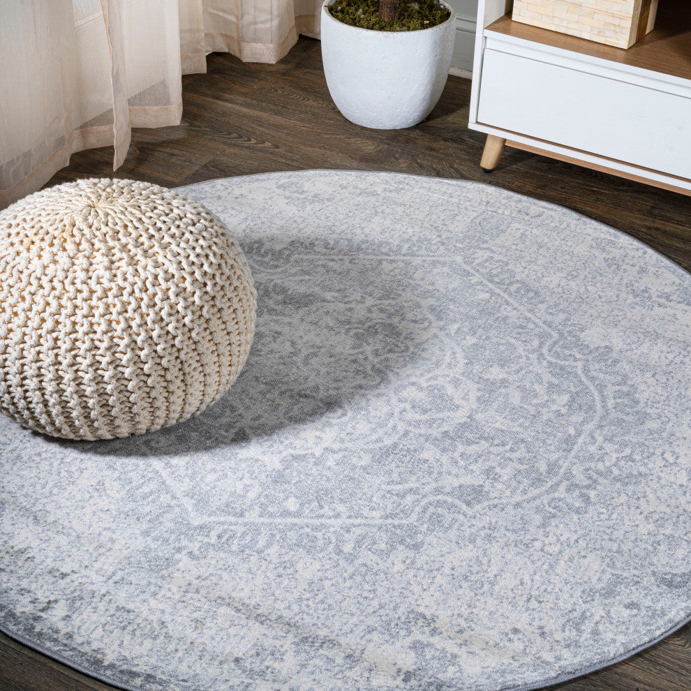Modern Persian Medallion Gray/Ivory 5' Round Area Rug