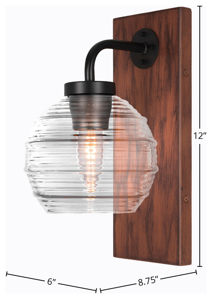 Oxbridge 1-Light Wall Sconce, Matte Black & Painted Wood-look Metal/Clear Ribbed