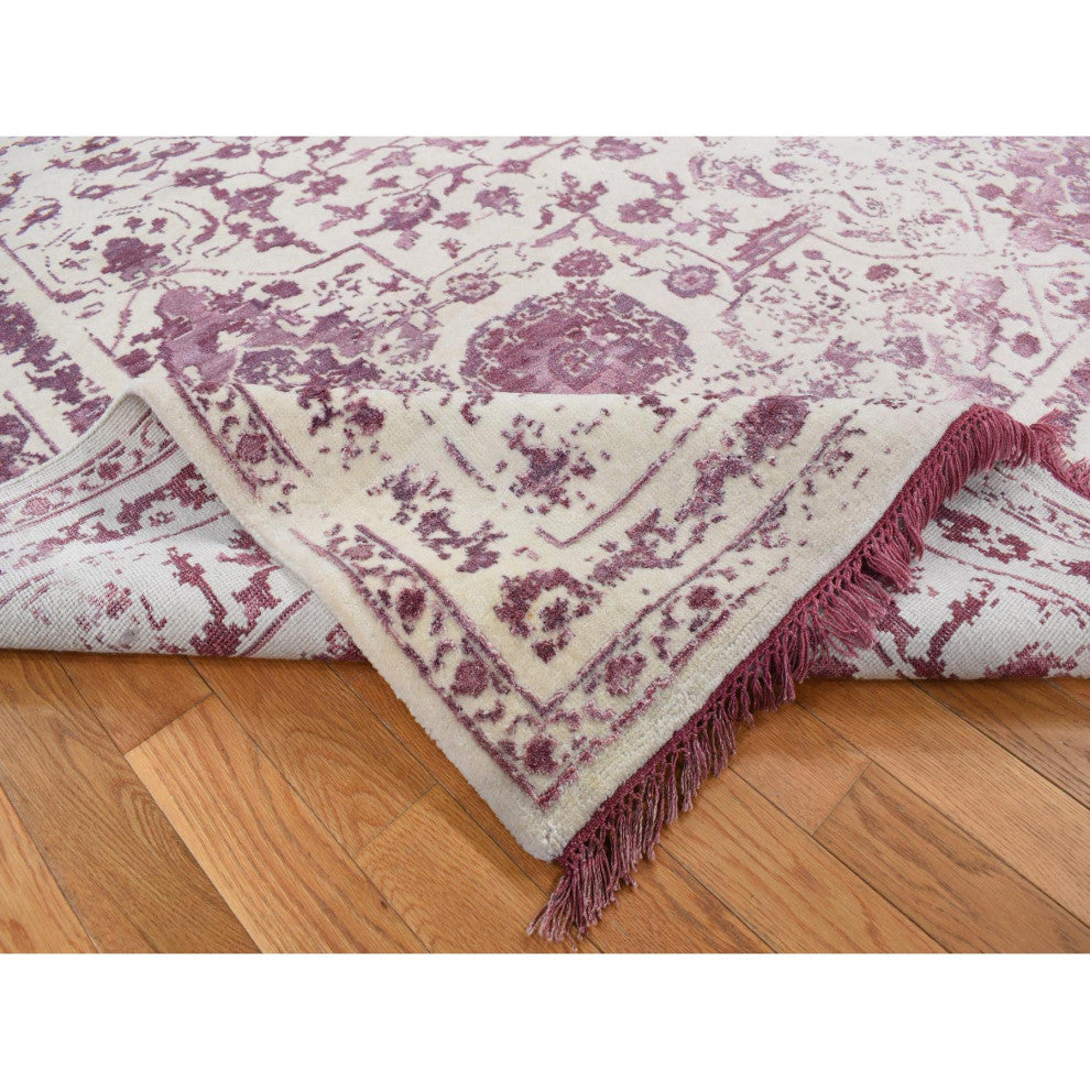 Ivory Wool and Silk Handmade Broken and Erased Persian Design Rug 9'2"x12'1"