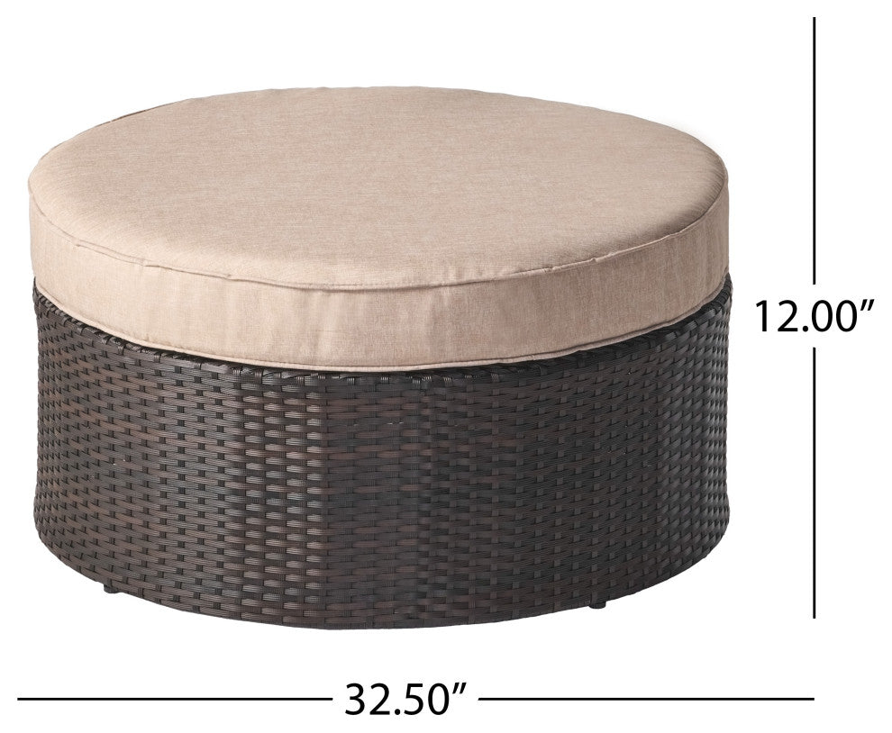 Boden Outdoor Wicker Ottoman With Cushion, Brown/Textured Beige