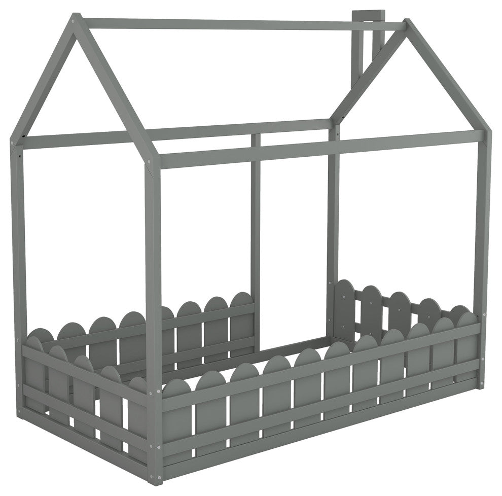 Gewnee Twin Size Wood House Bed with Fence in Gray