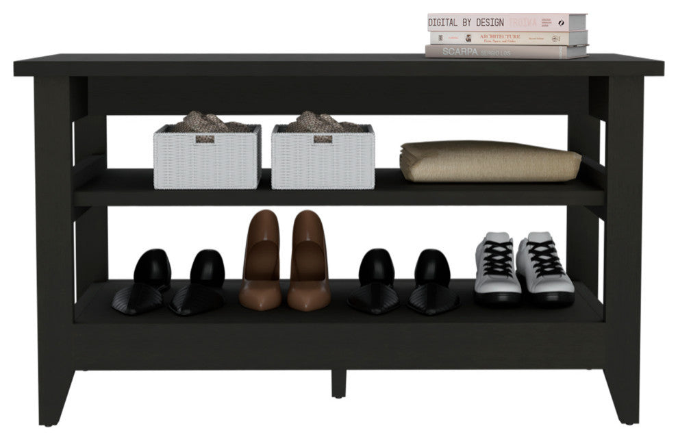 Vilna Storage Bench with 2 Open Shelves and 4 Legs, Black