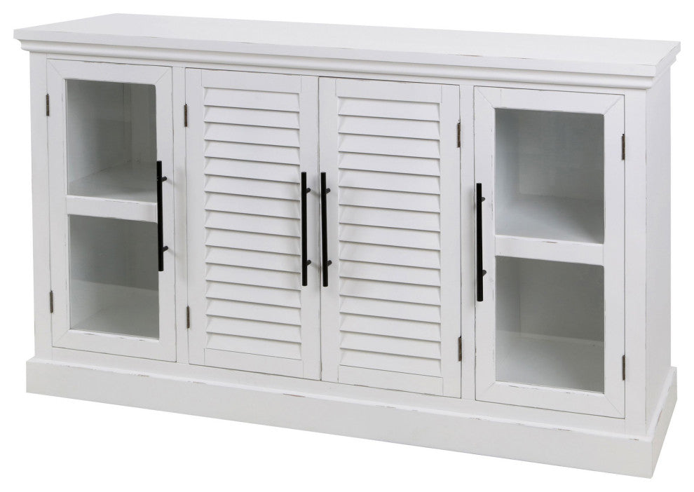 Shutter White Wood Cabinet 2 Glass Doors 2 Shutter Doors, Black Handles