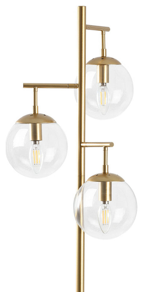 3-Light Gold Tree Floor Lamp with Glass Globe Shades, Clear Glass Shades