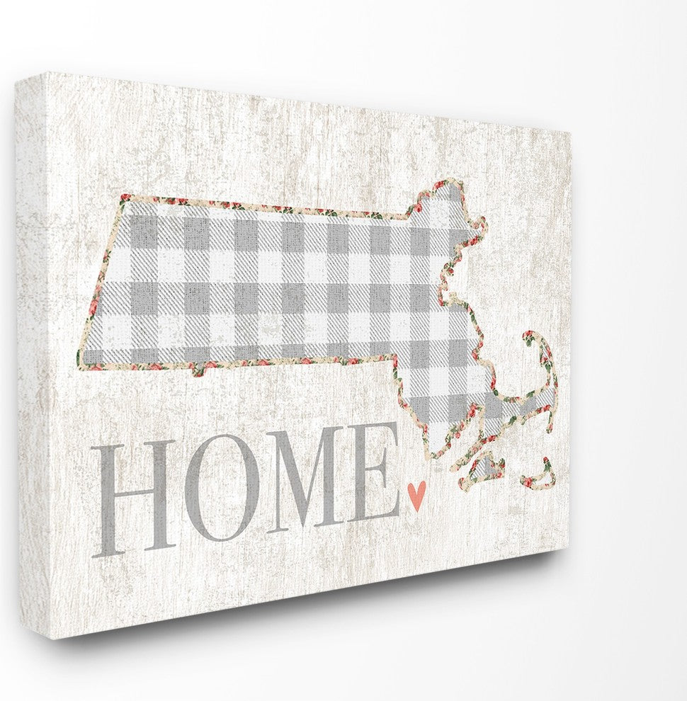 Massachusetts Gray Gingham & Floral Heart & Home Canvas Wall Art, 24"x30"