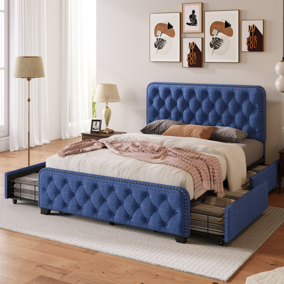 Metal Platform Bed with Headboard, Upholstered and 4-Drawer, Blue, 78.7" X 58.3"