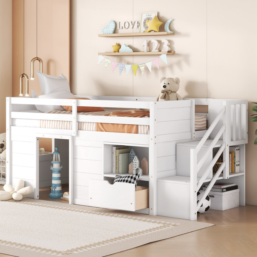 Gewnee SOLID WOOD TWIN SIZE LOW LOFT BED WITH STAIR