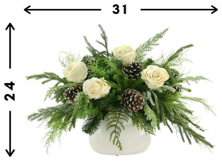 Rose, Evergreen and Cedar Holiday Arrangement in a Ceramic Pot