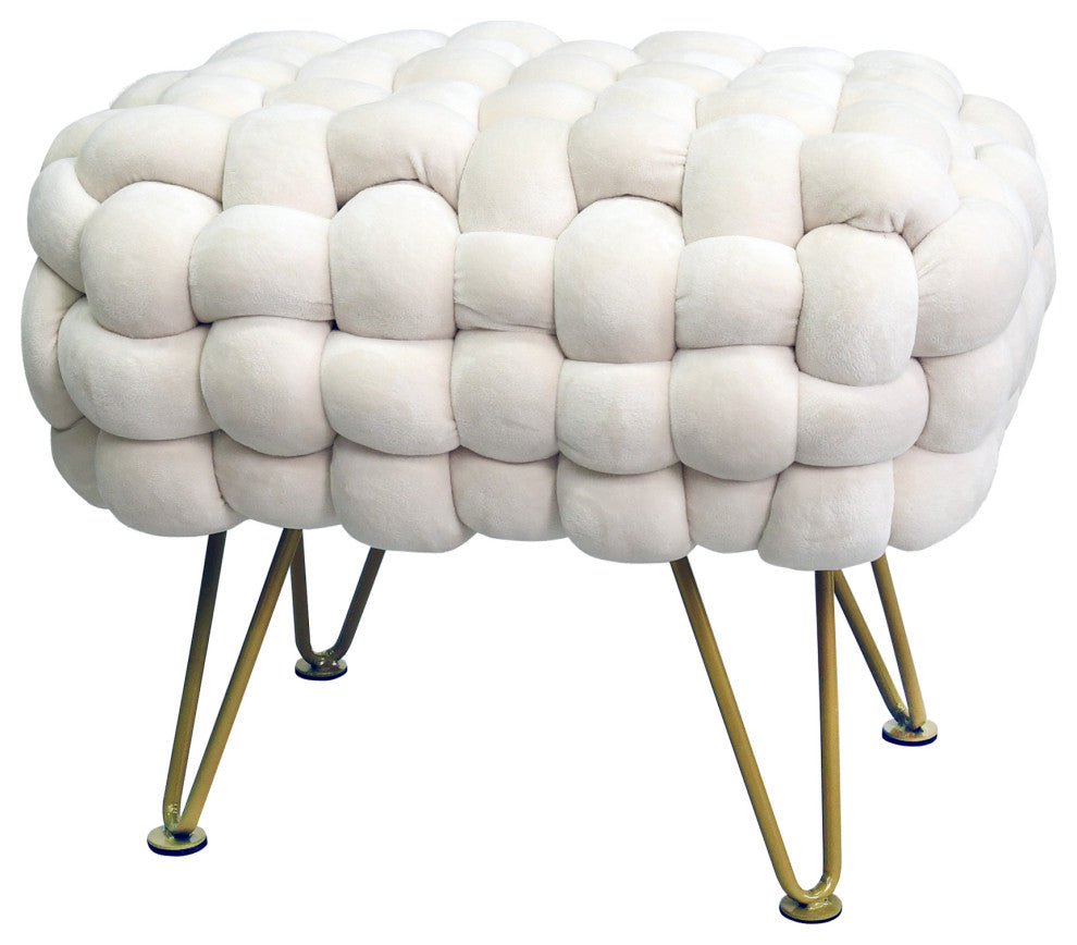 Velvet Pouf Stool Ottoman, Ivory, 27''x20''x20''