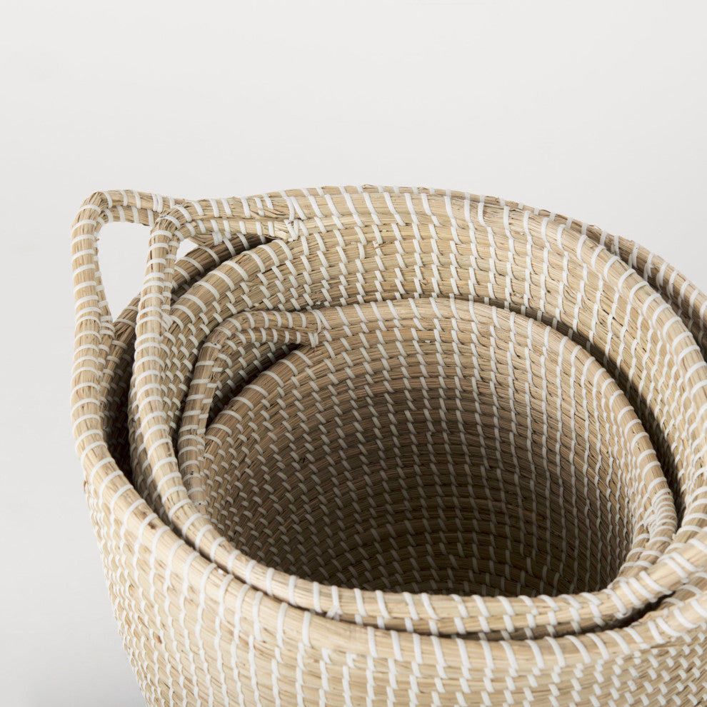 Maddie Light Brown & Black Seagrass Round Baskets (Set of 3)