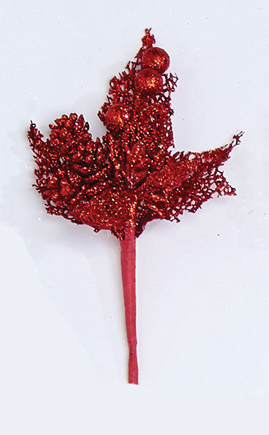 Mini Glitter Leaf and Cone Pick, Red, 7"