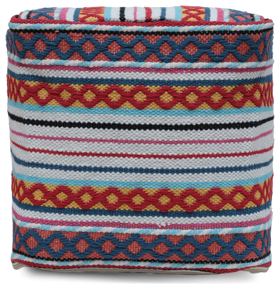 Hilliard Boho Handcrafted Peruvian Print Cube Pouf, White + Yellow + Red Multi Color