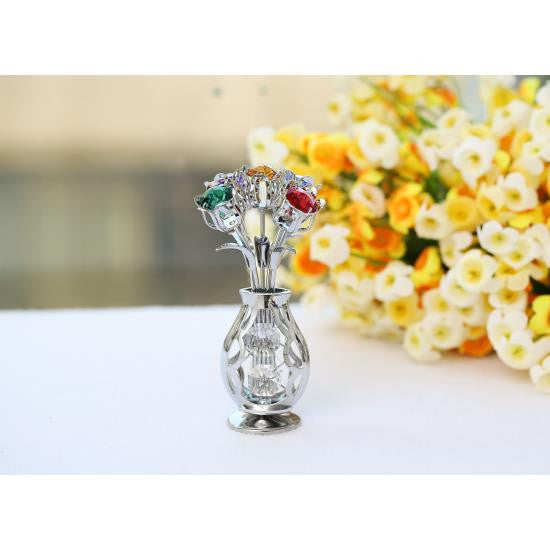 Matashi Chrome Plated Flowers Bouquet and Vase With Colorful Crystals Home Decor