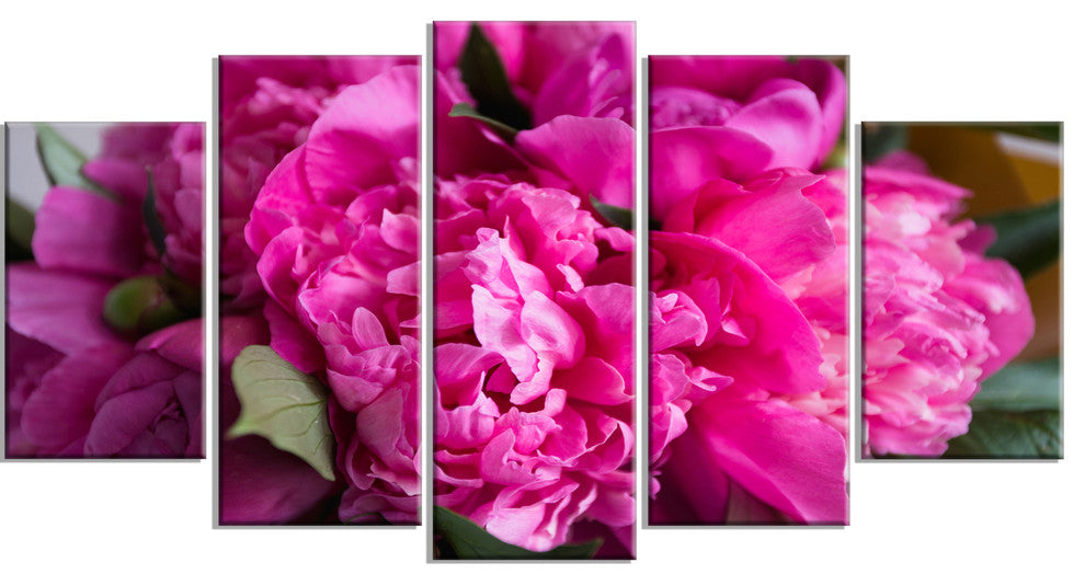 Pink Peonies on Wooden Background, Flower Artwork on Canvas, 60"x32", 5 Panels