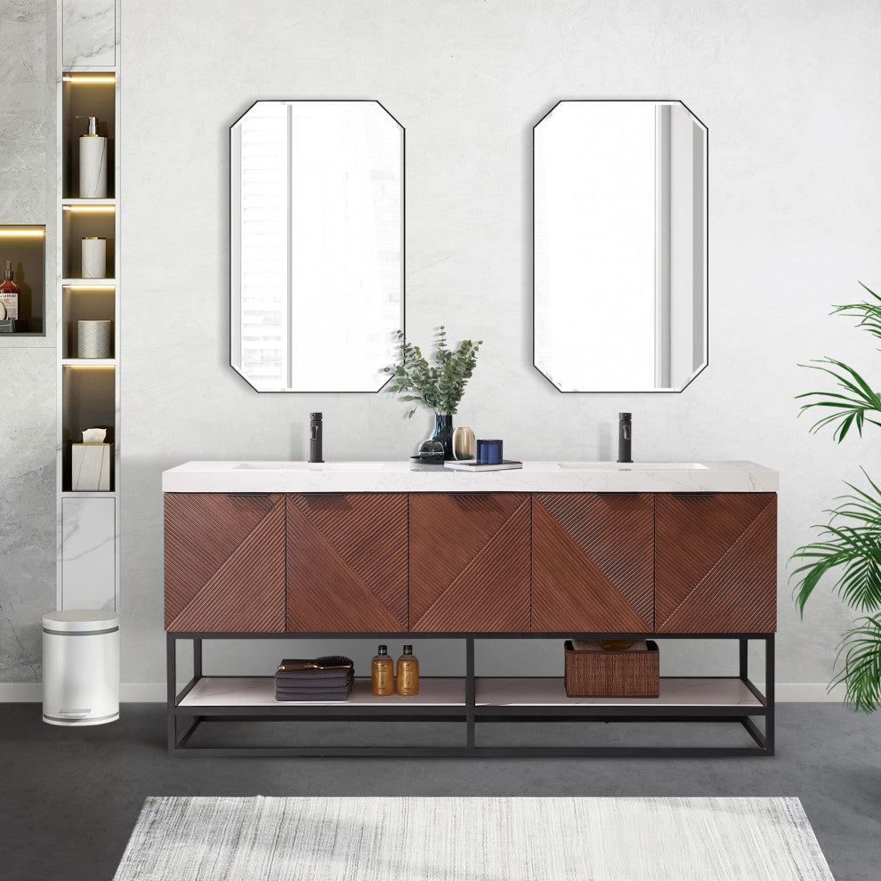 Mahon Bath Vanity, Stone Top, Matte Black Base, 72", Double Vanity, No Mirror