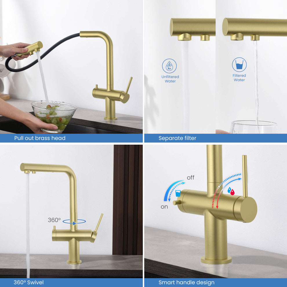 Circular 2-in-1 Water Filter Kitchen Pull Out Faucet, Brushed Gold