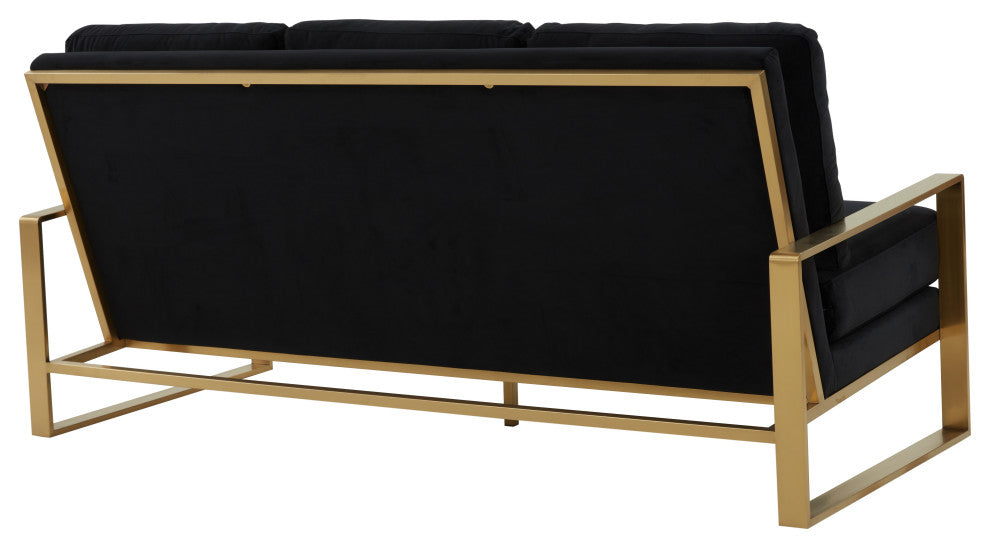 LeisureMod Jefferson Modern Design Velvet Sofa With Gold Frame, Black