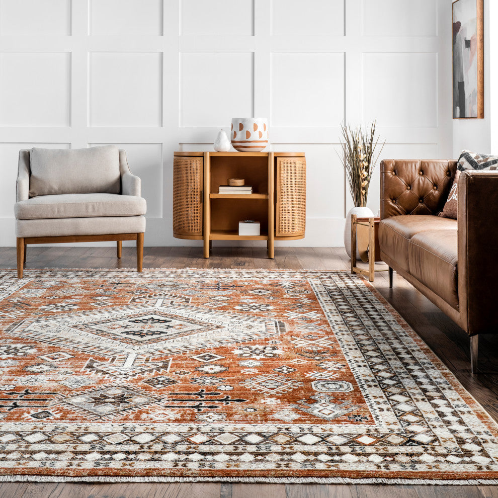 Nuloom Vanesa Distressed Traditional Medallion Bordered Area Rug, Rust 5'x8'
