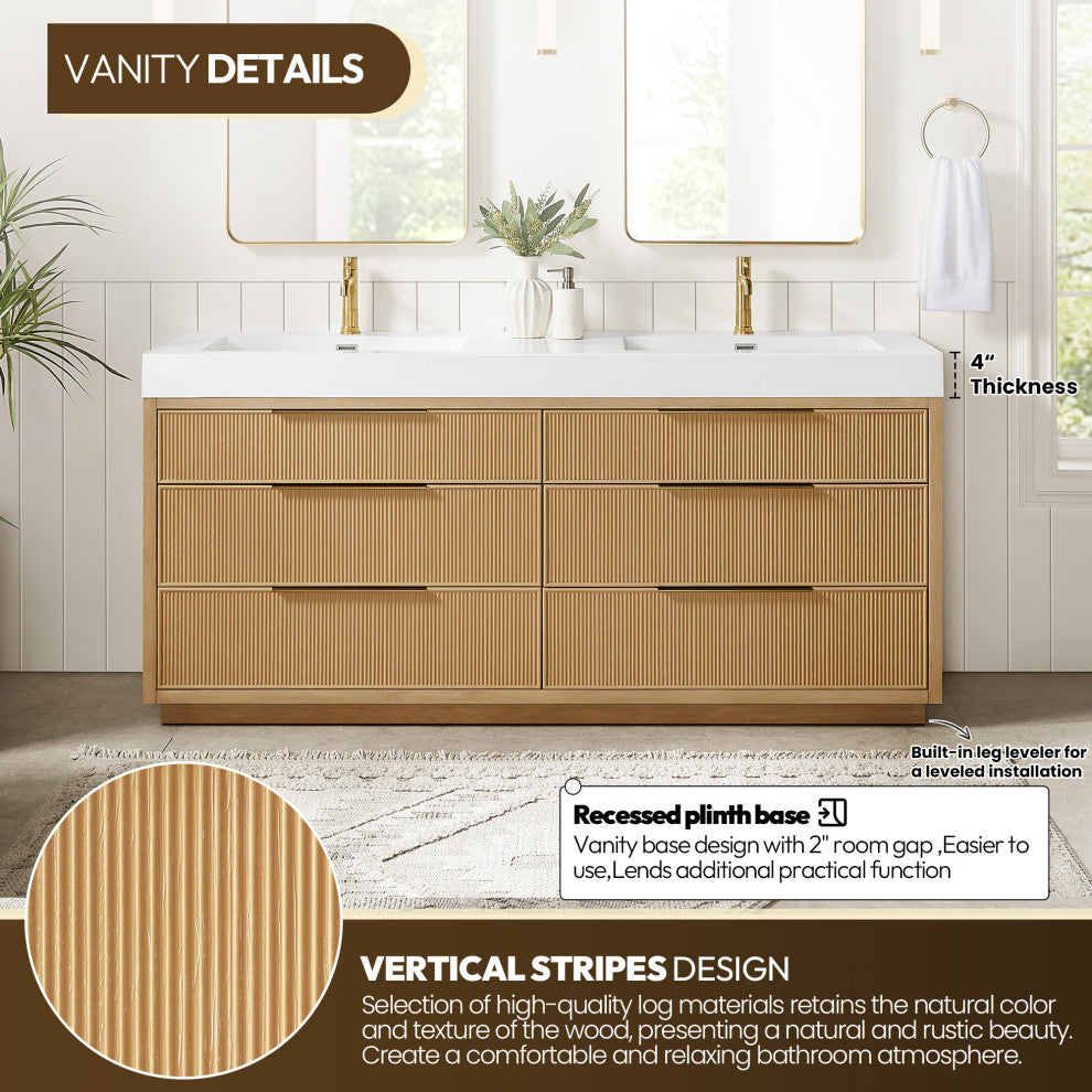 Hohhot Bath Vanity, Stone Sink Top No Mirror, Washed Ash Gray, 72", Double Vanity